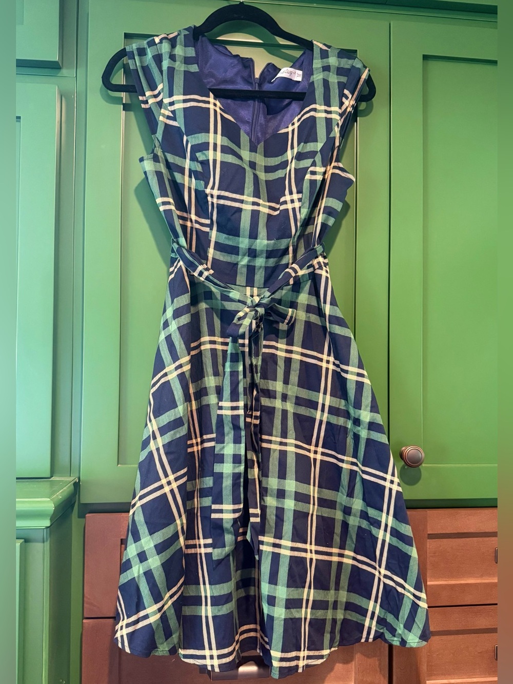 Plaid Fit-and-Flare Dress in Navy and Green